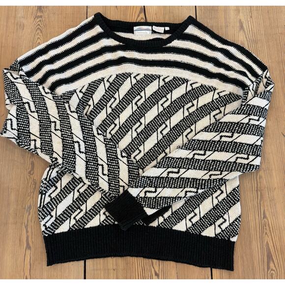 Vintage Peninsula Black White Geometric Sweater Silk Cotton XL - Picture 1 of 6